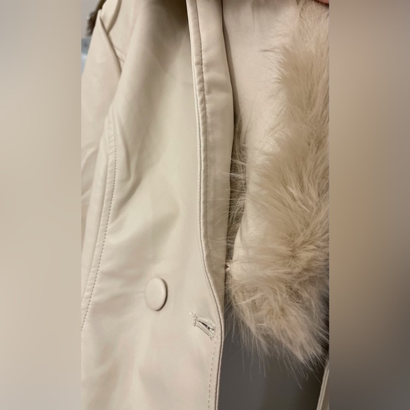 New Size Large Faux Leather Long Coat with Faux Fur Removable Trim, light beige - Picture 10 of 16